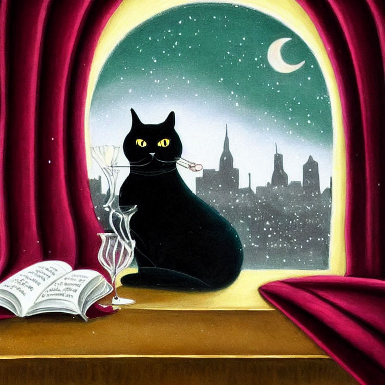 Black cat by window with cityscape, crescent moon, starry night sky, open book,