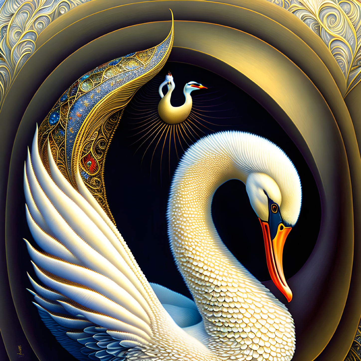 Detailed white swan with ornate wings in golden concentric patterns.