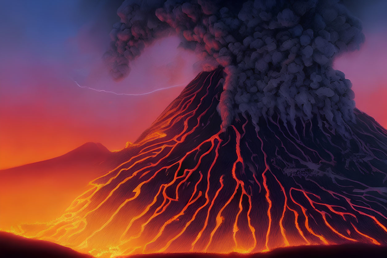 Twilight volcanic eruption with lava flows and lightning in ash-filled sky