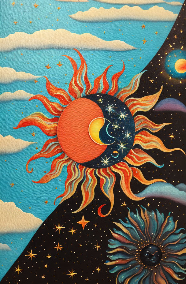 Colorful painting of sun, moon, stars, clouds, and smiling sun in starry sky