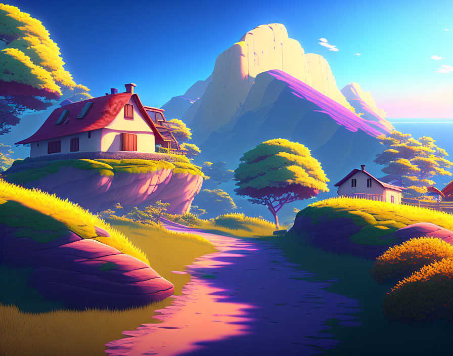 Colorful artwork of scenic landscape with floating islands, trees, house, and mountain under purple sky