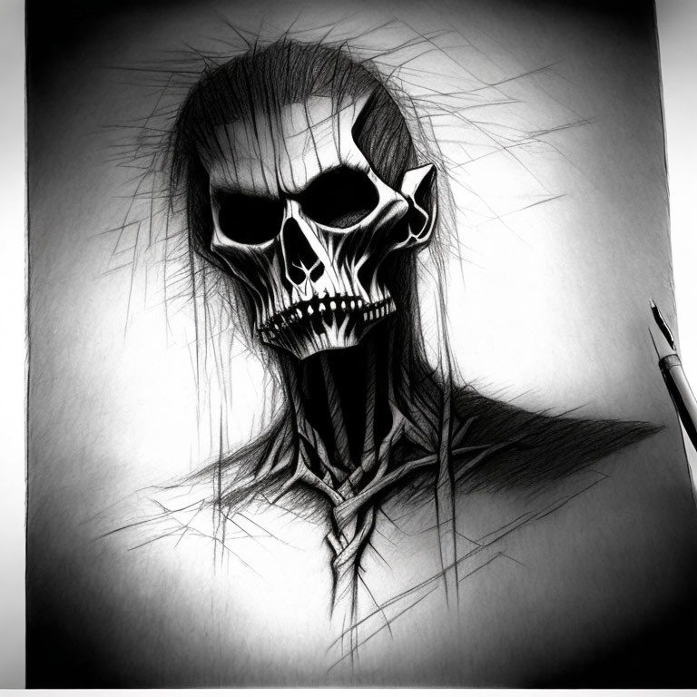 Detailed Sinister Skull Drawing with Shadows and Textures on the Surface