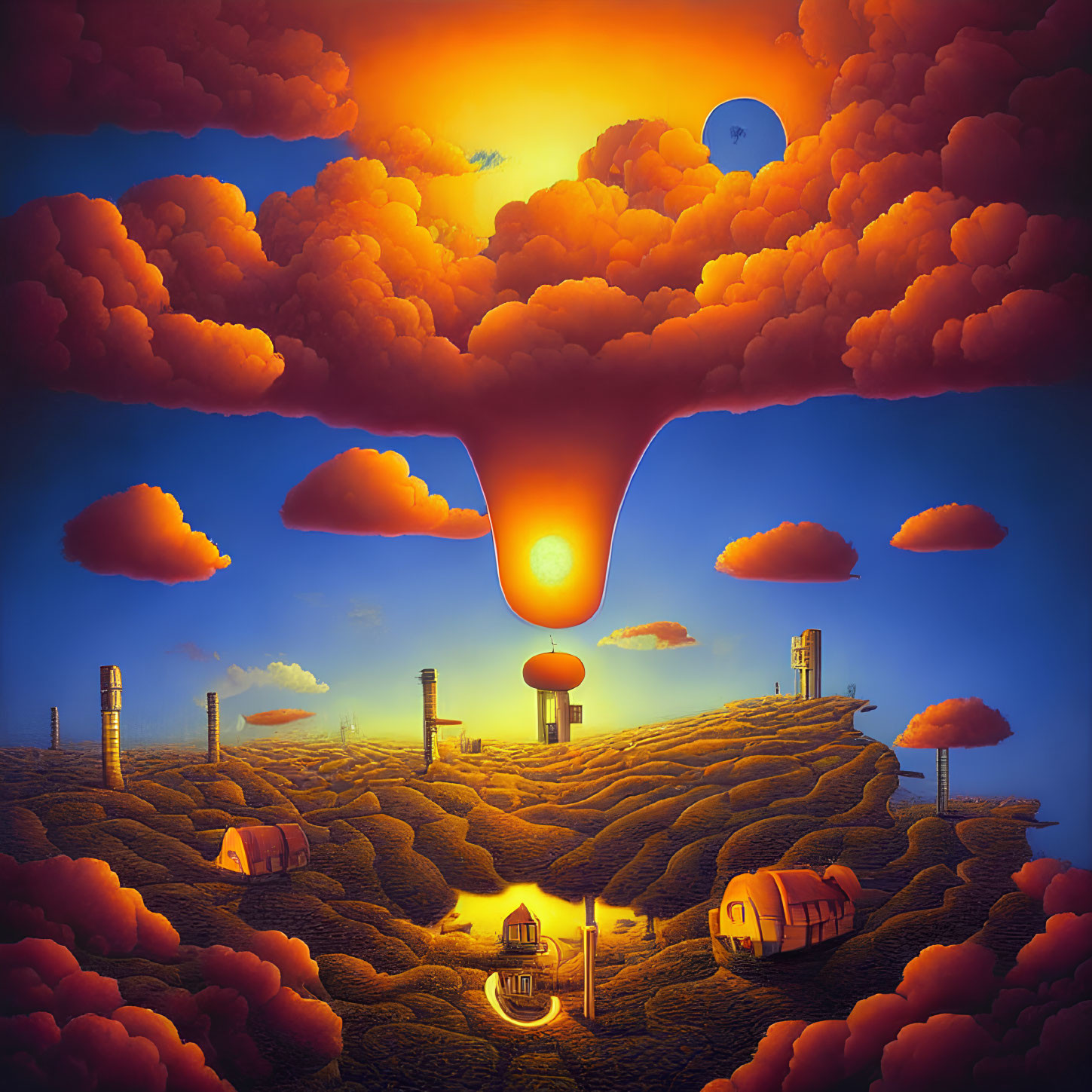 Fantastical landscape with molten sun, industrial towers, houses, and drifting balloon