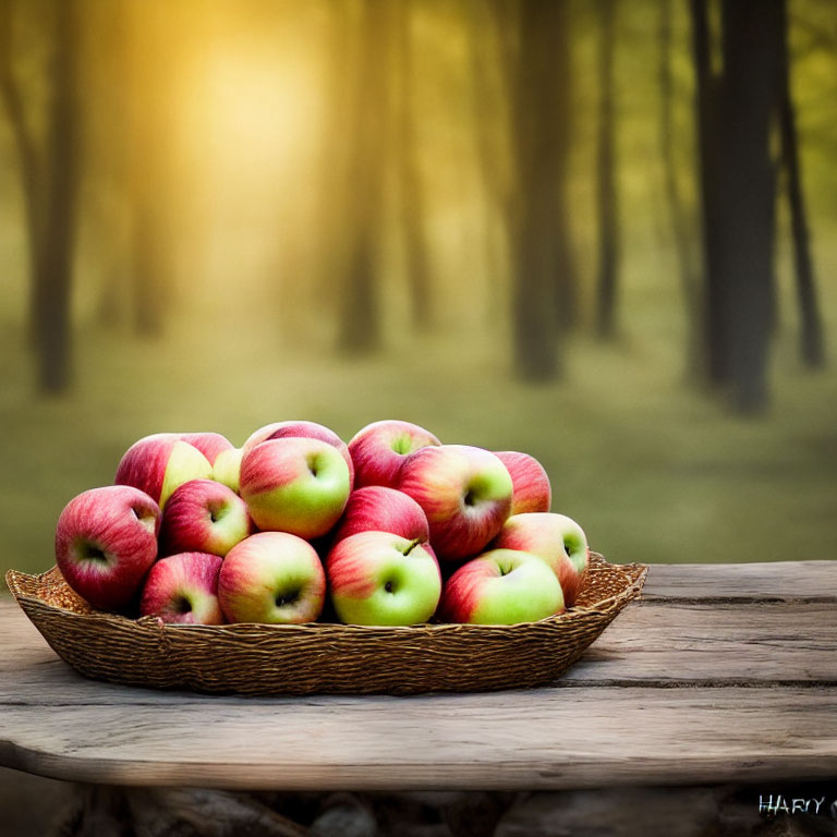 Woven basket with red and green apples on forest background in warm sunlight