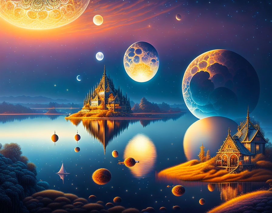 Vivid fantastical landscape with celestial bodies, reflective water, ornate structures, floating islands, and