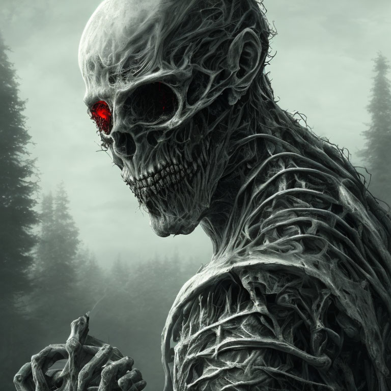 Menacing skeletal creature with glowing red eyes in misty forest