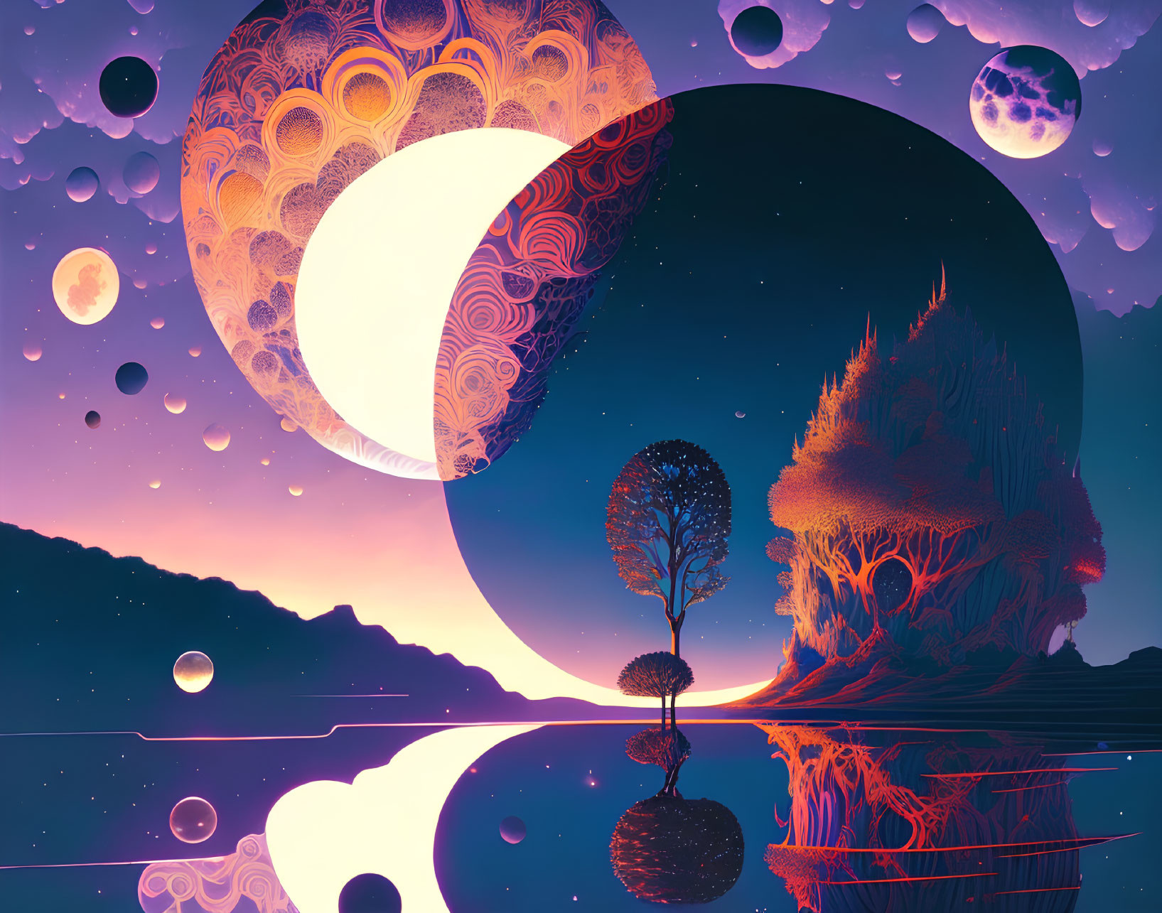 Colorful cosmic landscape with crescent moon, celestial bodies, water surface, and hill tree.