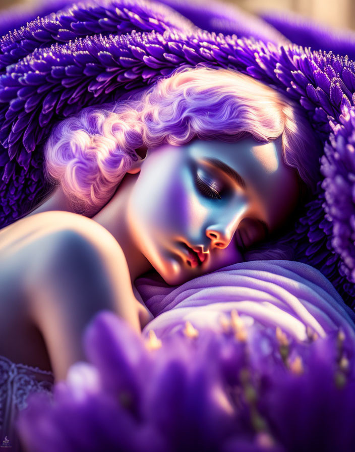 Woman with lavender hair sleeping in purple feathers and flowers under soft violet light