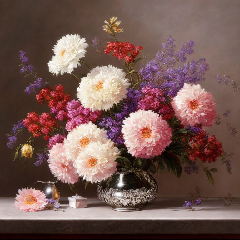 Colorful bouquet of flowers in silver vase on muted background