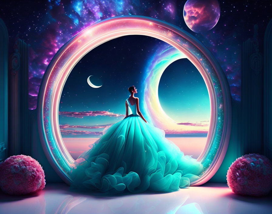 Woman in Blue Gown Observing Cosmic Portal with Stars