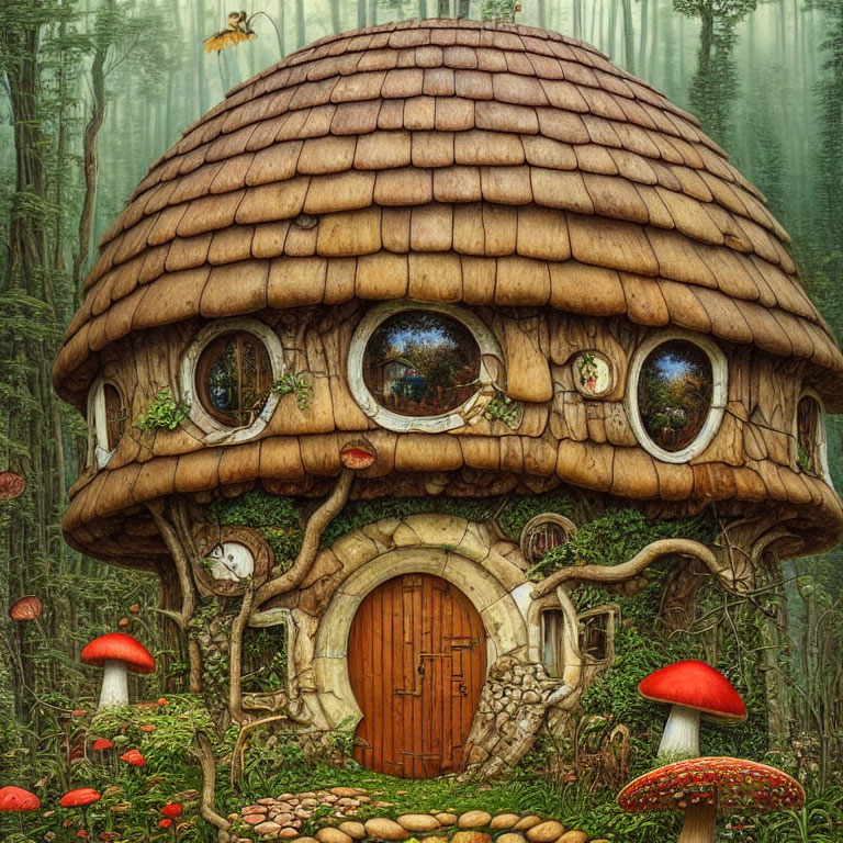 Whimsical Mushroom House in Forest Setting