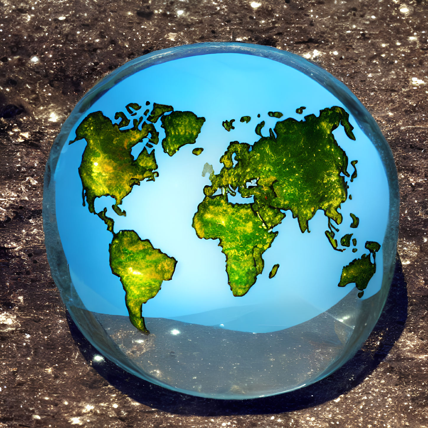 Detailed Earth continents map on glass globe with reflective surface