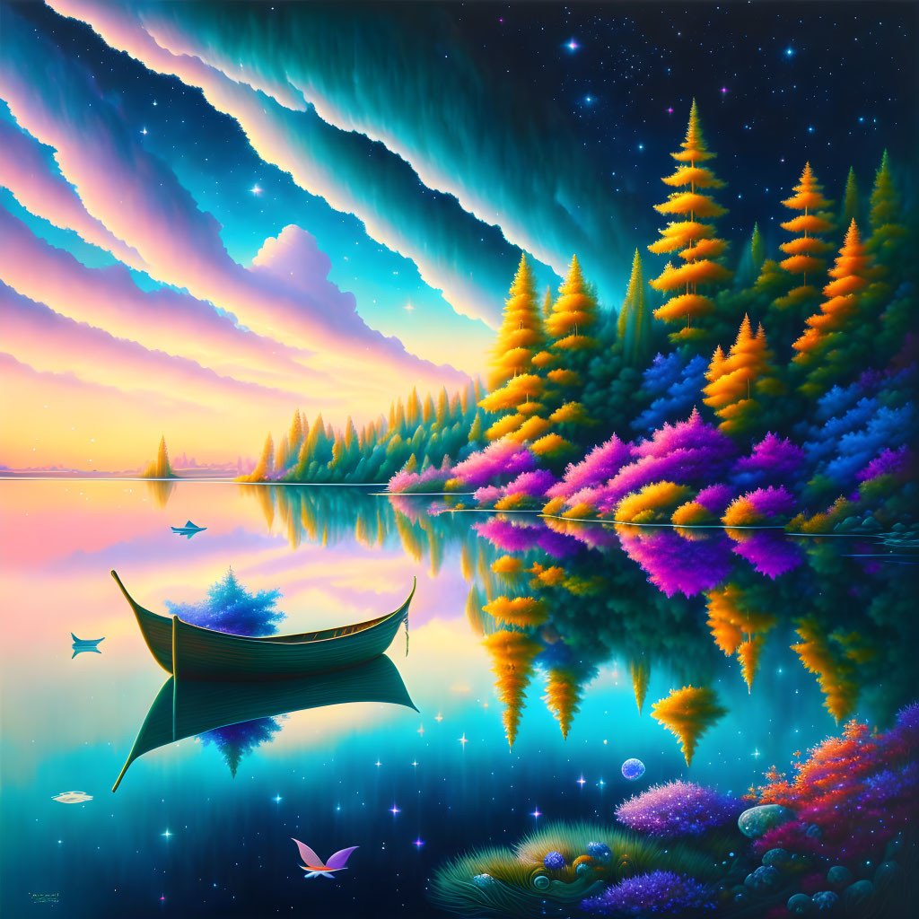 Colorful Trees, Serene Lake, Boat, Aurora Sky: Surreal Landscape