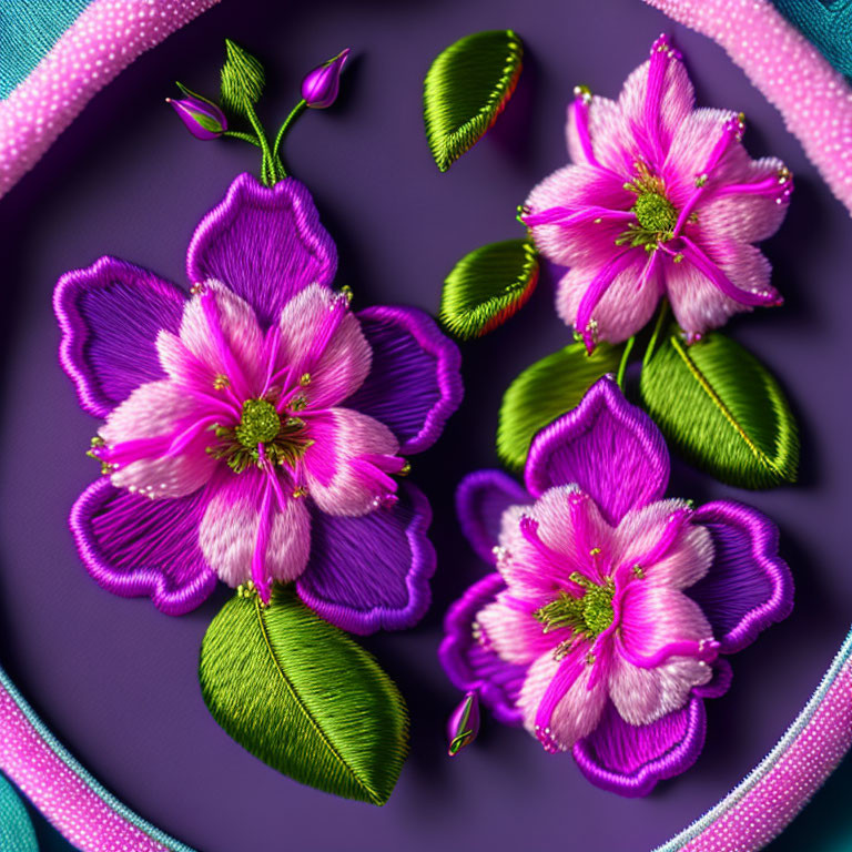 Intricate 3D purple flower embroidery on dark background