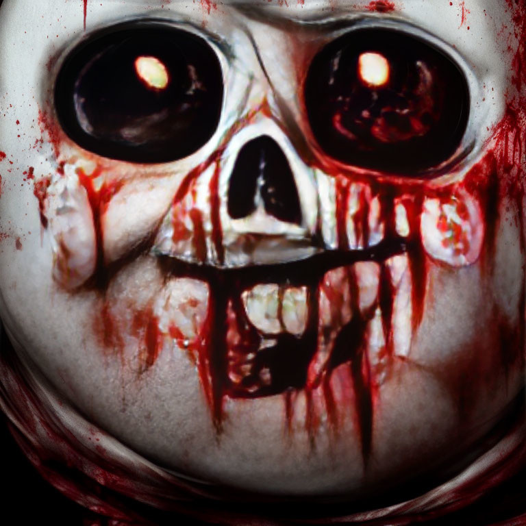 Close-up of scary face with hollow black eyes and skull-like features, blood around eyes and mouth.