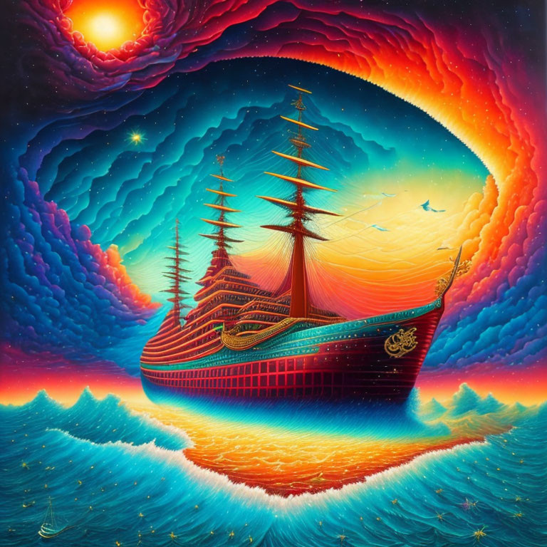 Colorful surreal painting of ship sailing on wavy ocean with fiery sun and swirling sky