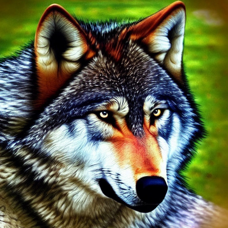 Colorful Digital Portrait of Wolf with Yellow Eyes and Detailed Fur Texture