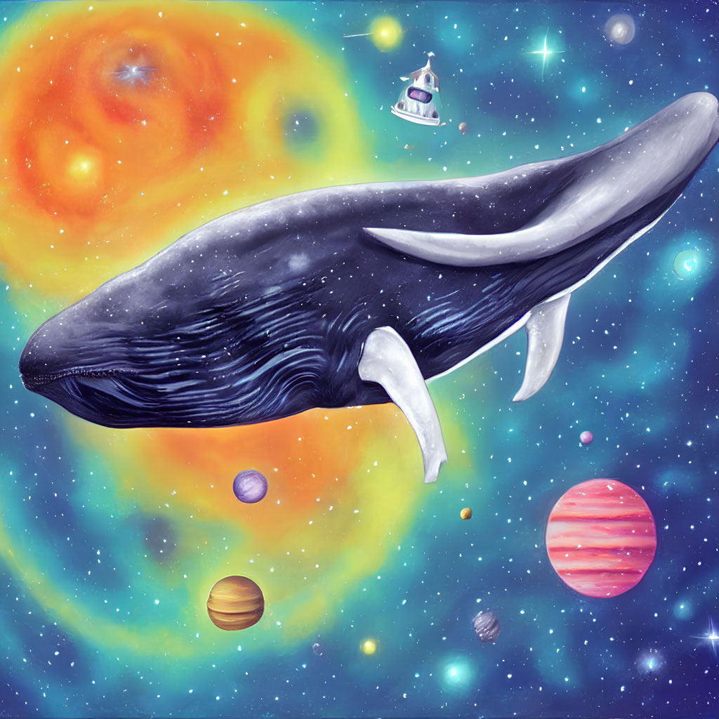 Whale floating in space with planets and spaceship