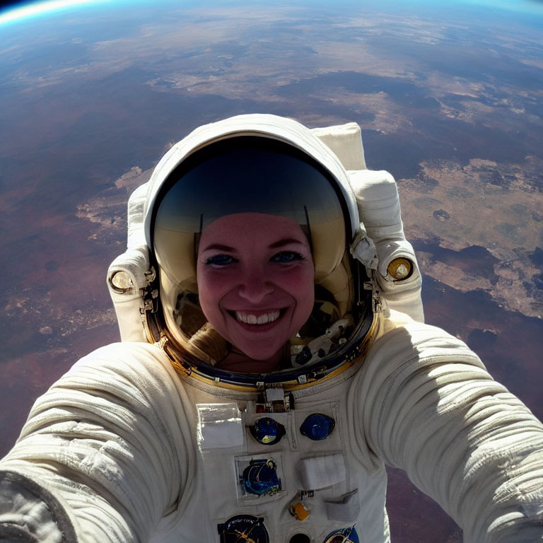 Astronaut selfie in space suit with Earth's horizon.