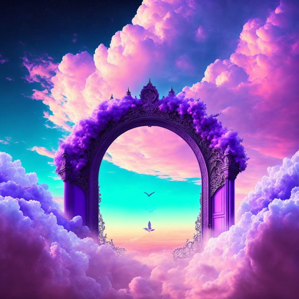 Ornate archway framing vibrant purple and pink sky with fluffy clouds