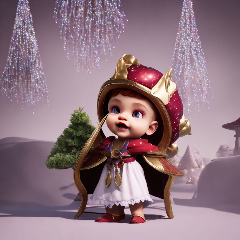 Animated baby in knight costume in whimsical winter landscape