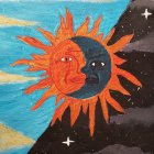 Colorful painting of sun, moon, stars, clouds, and smiling sun in starry sky