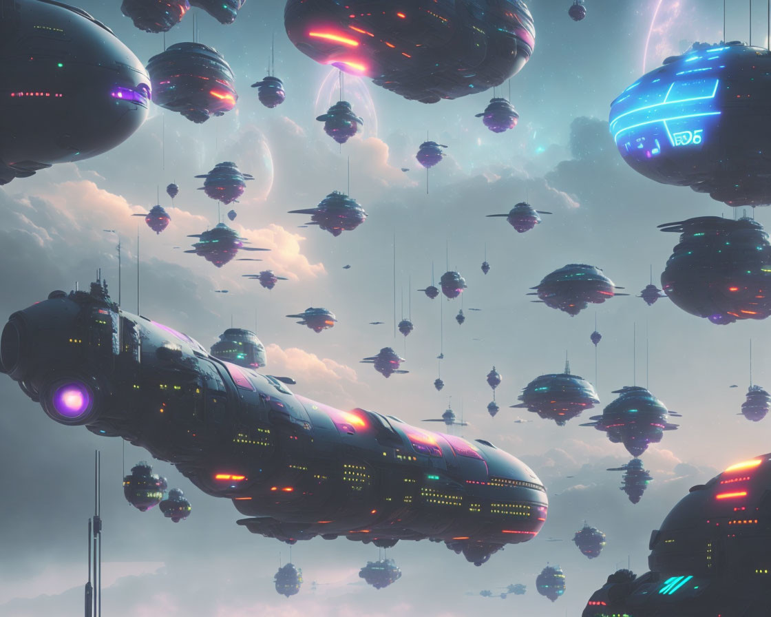 Futuristic spaceships hover in pastel sky with vibrant energy pulses