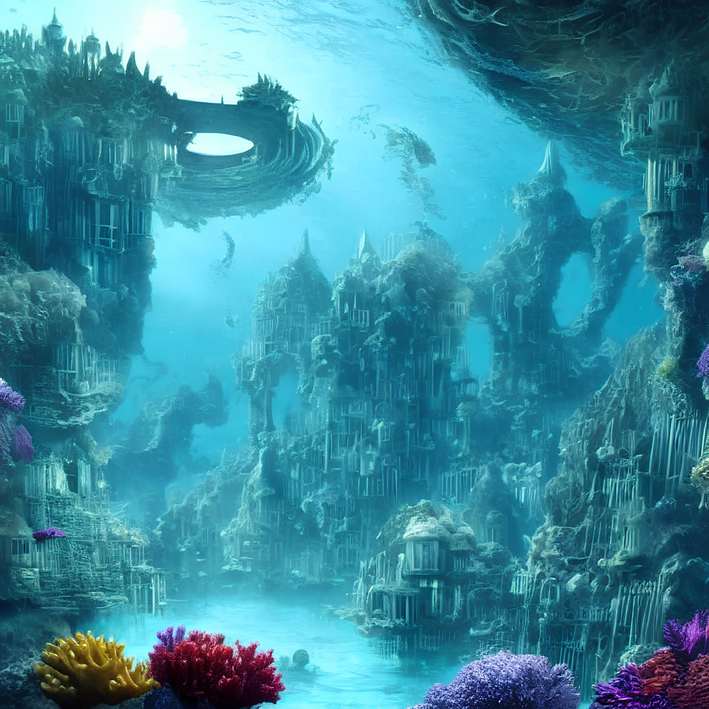 Underwater city with coral formations, ruins, and tunnels in deep blue oceanic setting