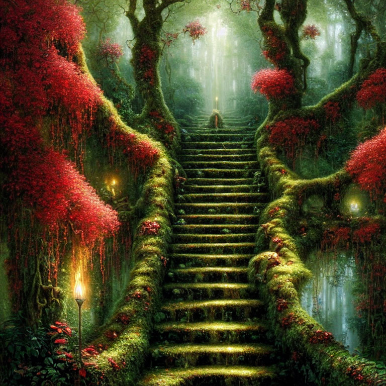 Mystical forest scene with moss-covered staircase, red foliage trees, lanterns, and figure in