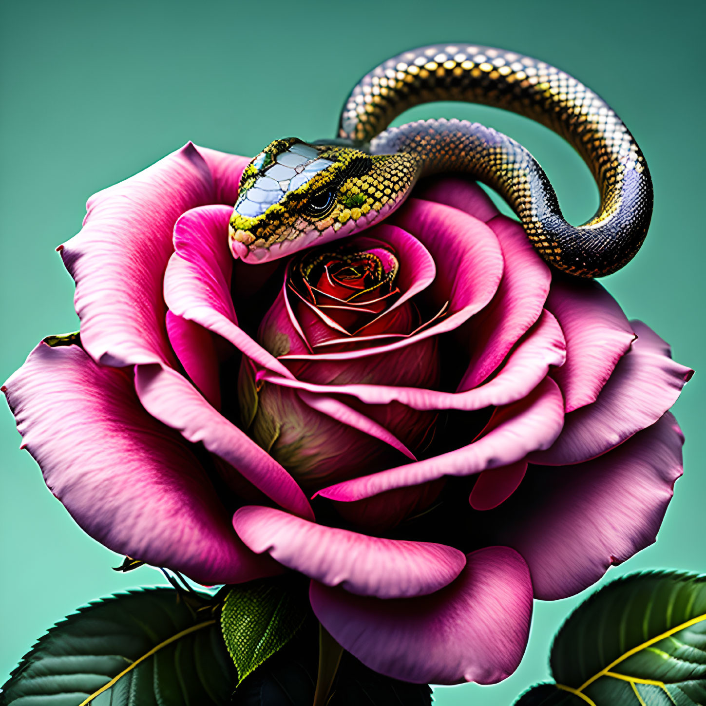 Snake intertwines with pink rose on teal backdrop