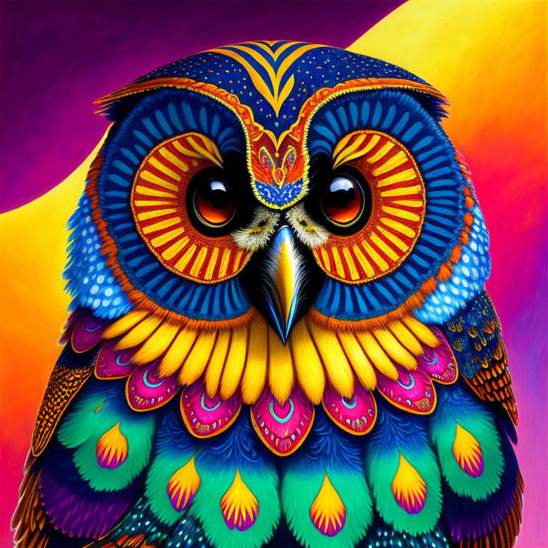 Colorful Owl Artwork with Intricate Patterns and Luminous Background