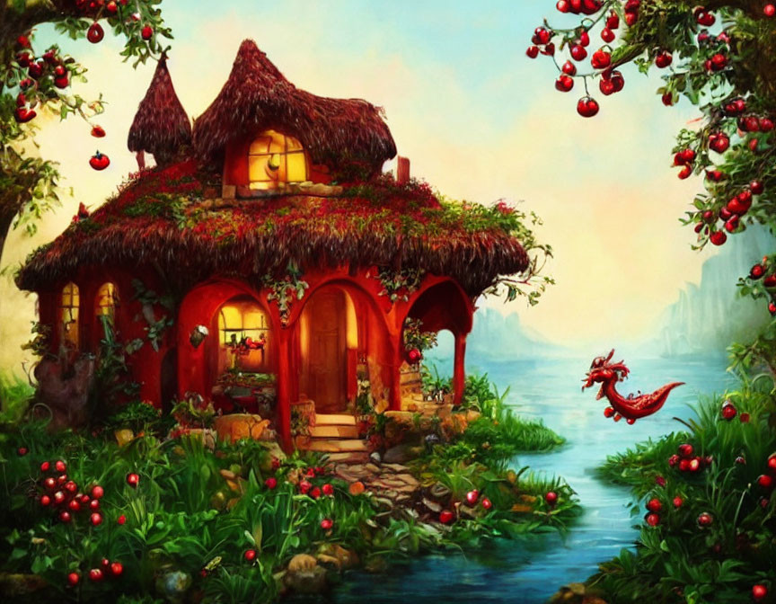 Thatched-Roof Cottage with Red Dragon in Fairytale Scene