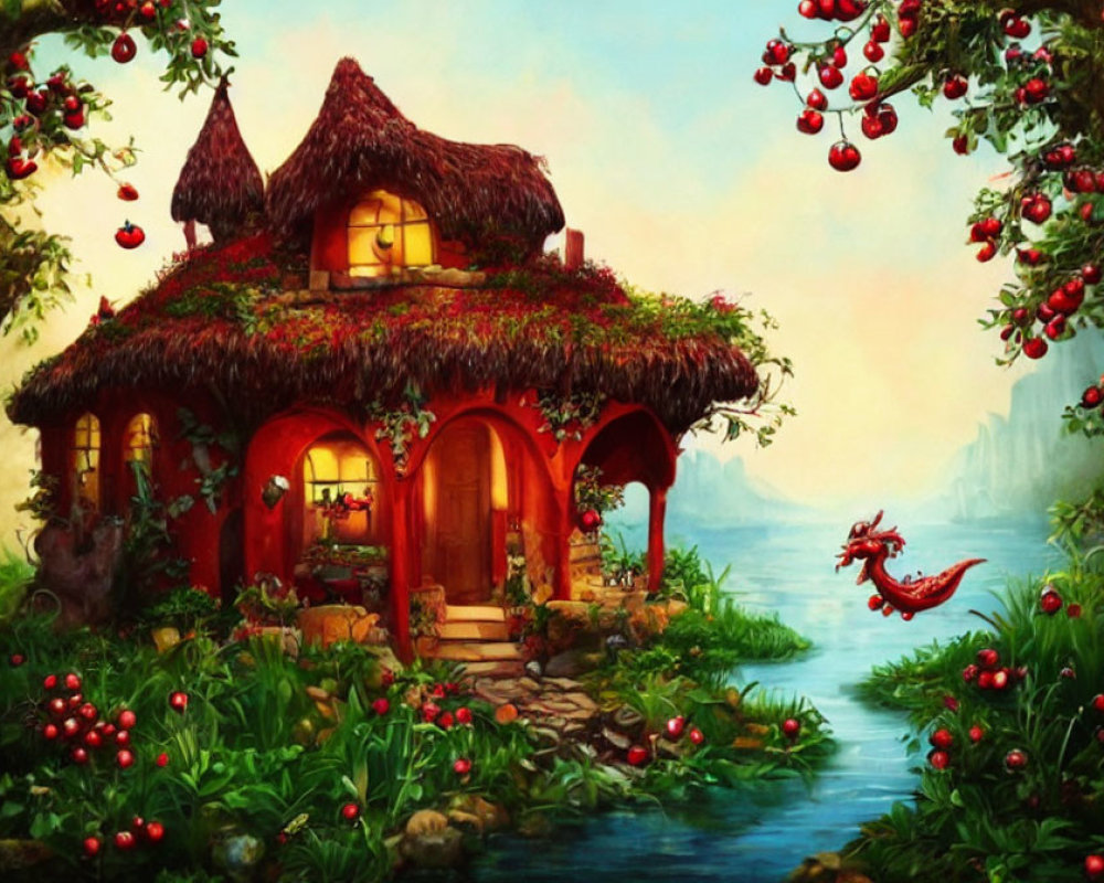 Thatched-Roof Cottage with Red Dragon in Fairytale Scene