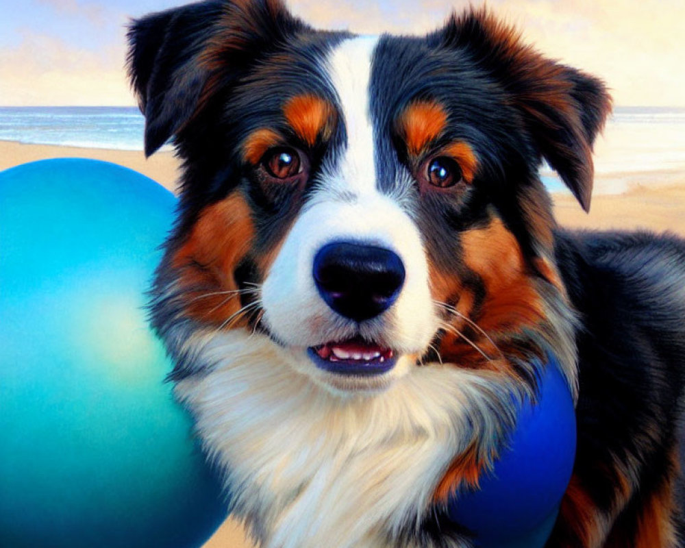 Tricolor Australian Shepherd Dog Holding Blue Ball by Ocean Sky