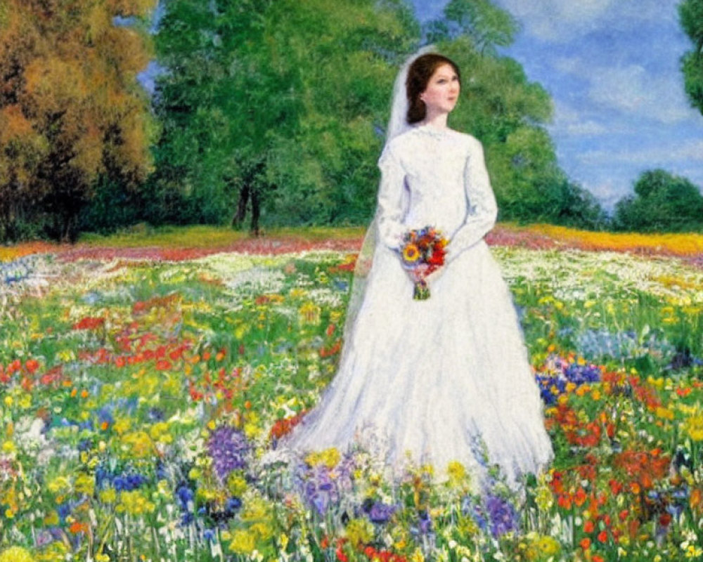 Woman in white dress surrounded by wildflowers in vibrant field