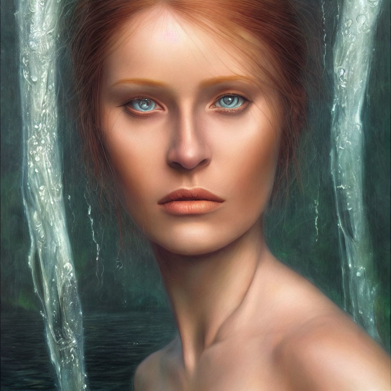 Portrait of Woman with Amber Eyes, Red Hair, and Streaming Water