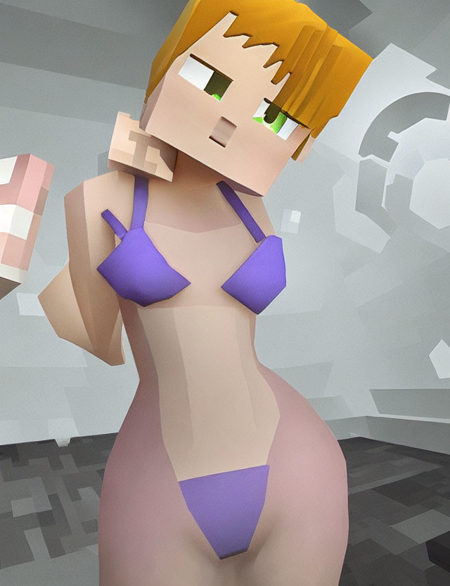 Stylized 3D rendering of blocky female character in purple bikini