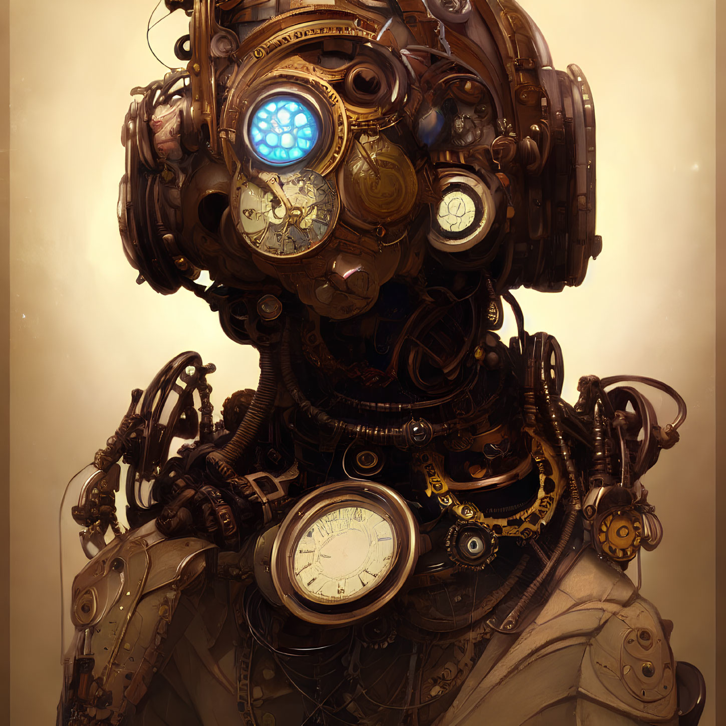 Detailed Steampunk Robot with Clock-like Eye