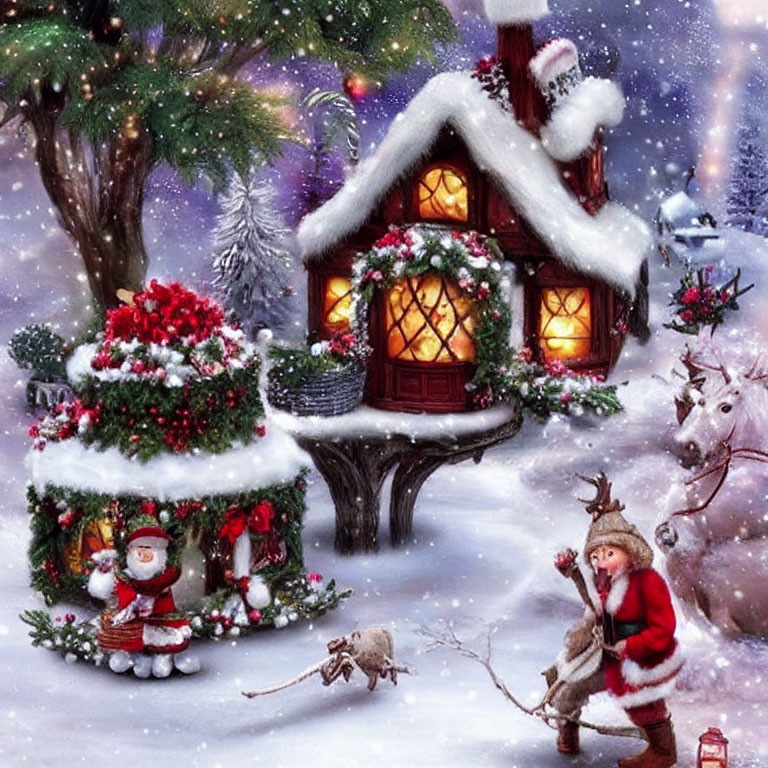Snow-covered cottage with Christmas tree, child, deer, and Santa in winter scene