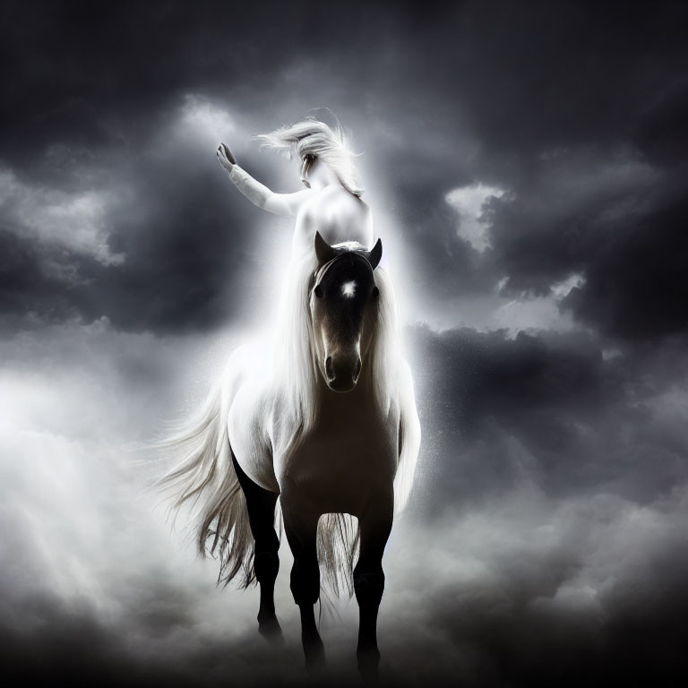 White Horse with Flowing Mane and Female Figure under Dramatic Sky