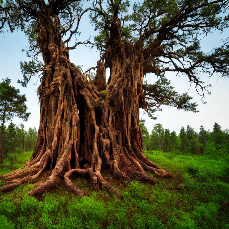 Ancient gnarled tree with massive trunk and roots in forest setting