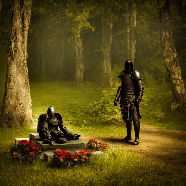 Knight standing by fallen comrade on stone slab in forest clearing with red flowers.