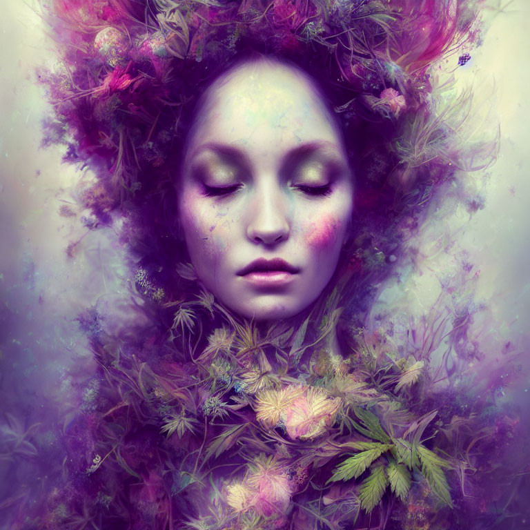 Surreal portrait with floral elements and vibrant purple hues