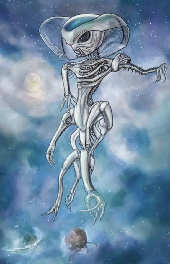 Skeletal alien with large eyes in cosmic setting