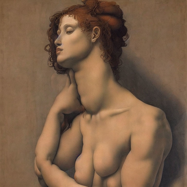 Reddish-haired woman with bare shoulders in updo against muted backdrop