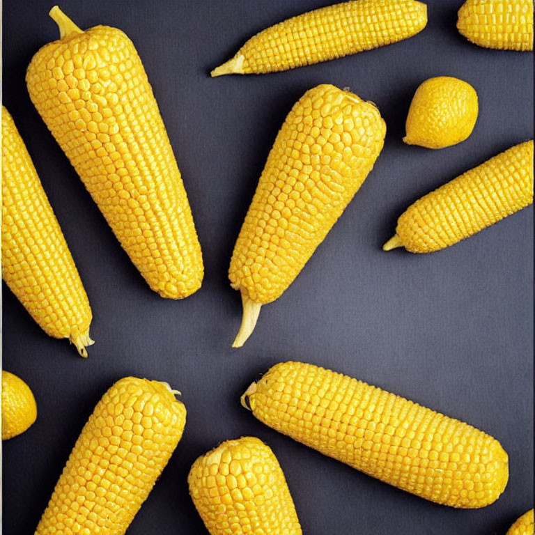 Fresh yellow corn ears and lemon halves on dark gray backdrop