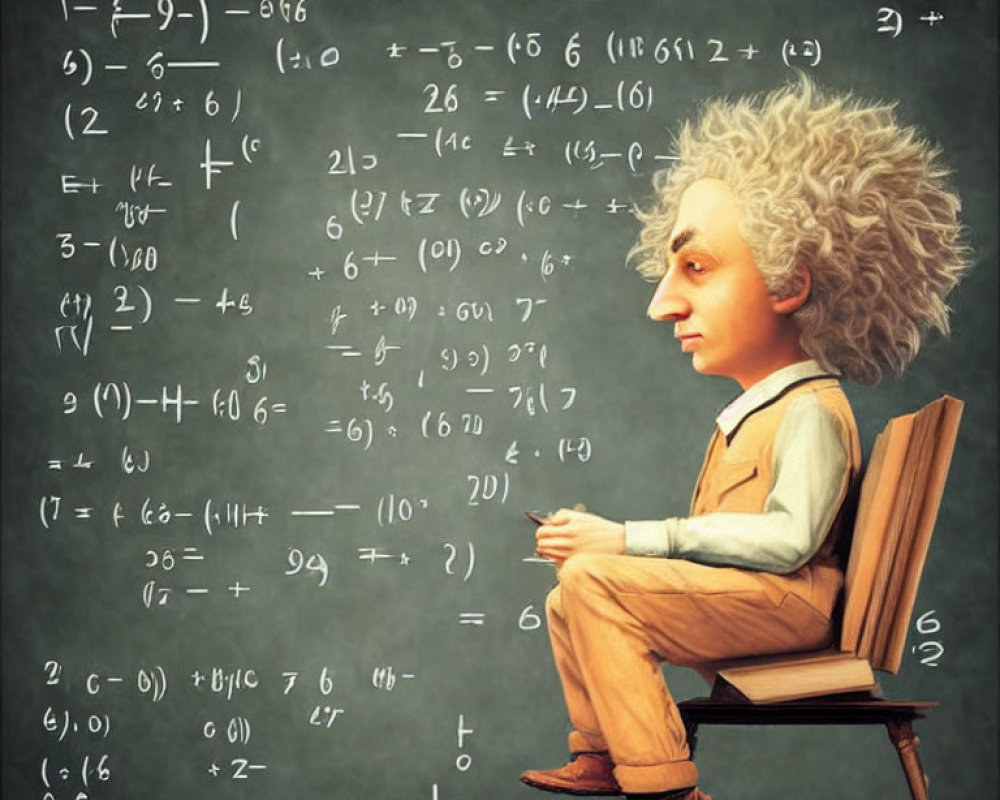 Whimsical illustration of young Einstein-like character with math equations on chalkboard