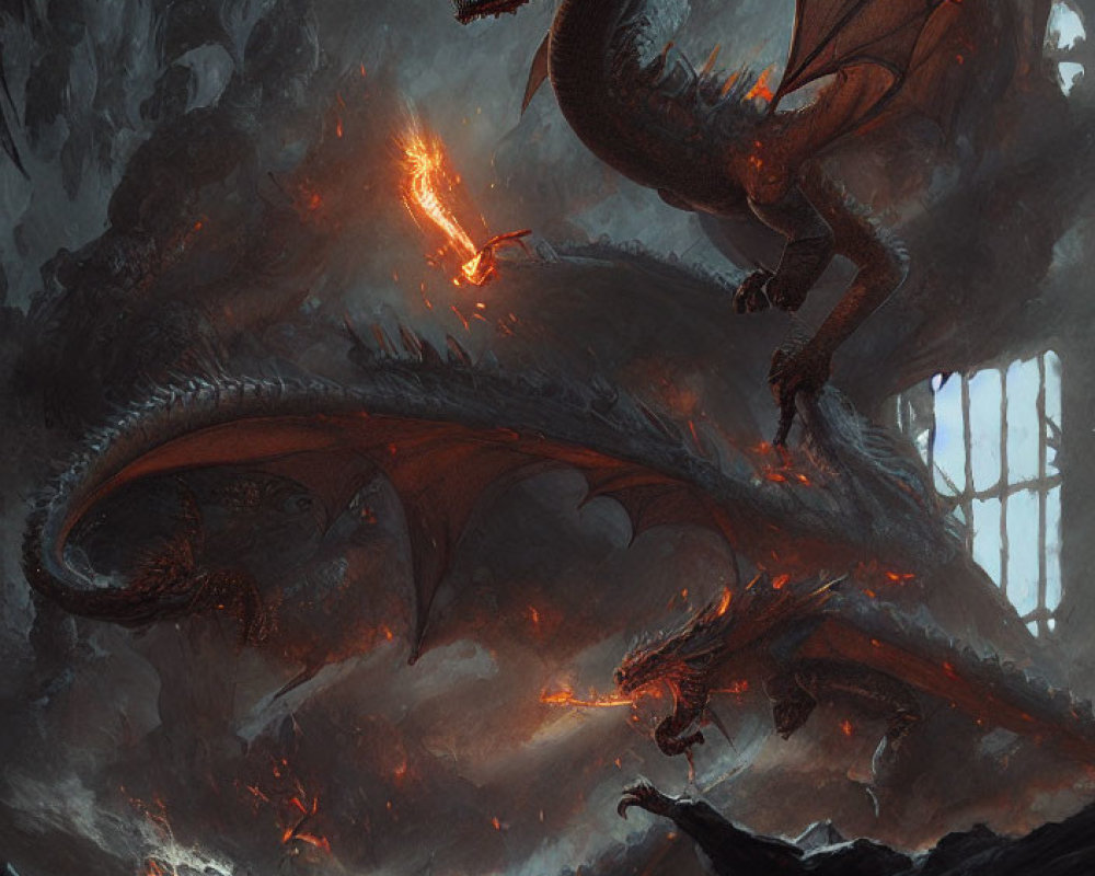 Menacing red dragon on stone structure with smoldering embers in dark lair