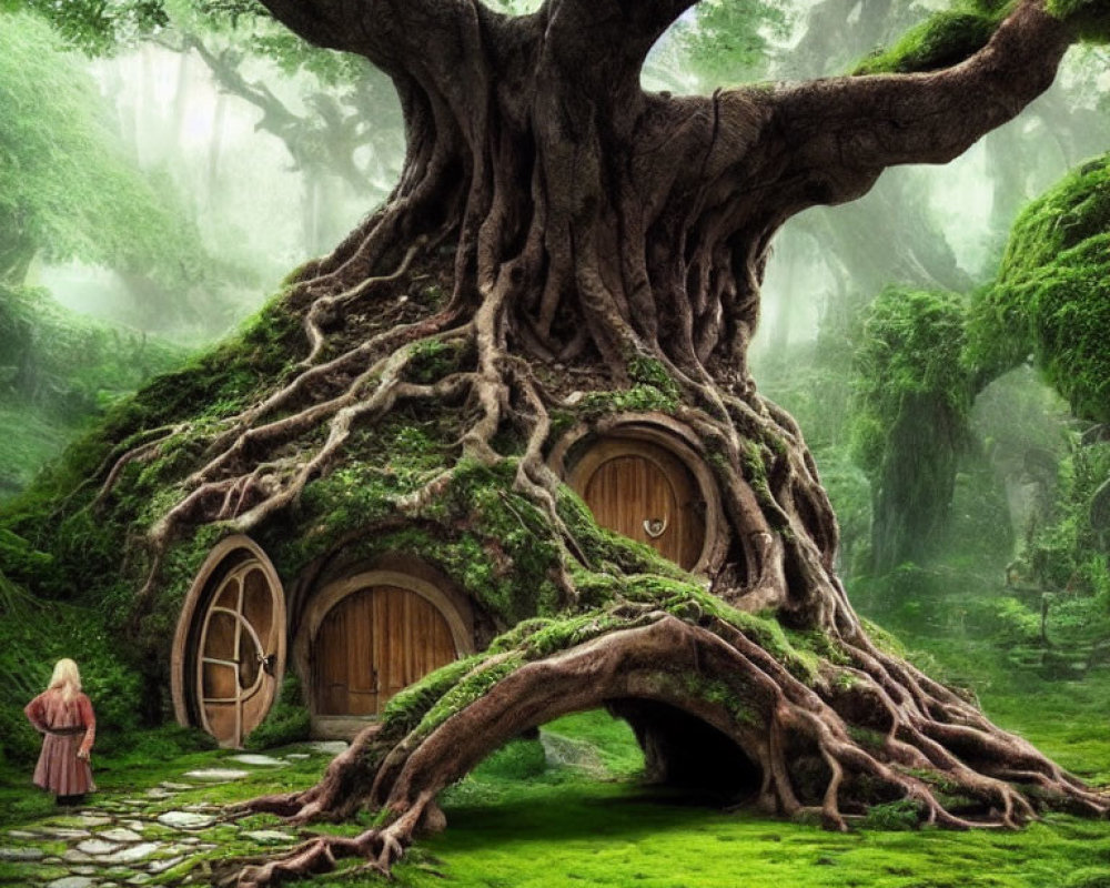 Enchanting forest scene with magical tree dwelling and figure