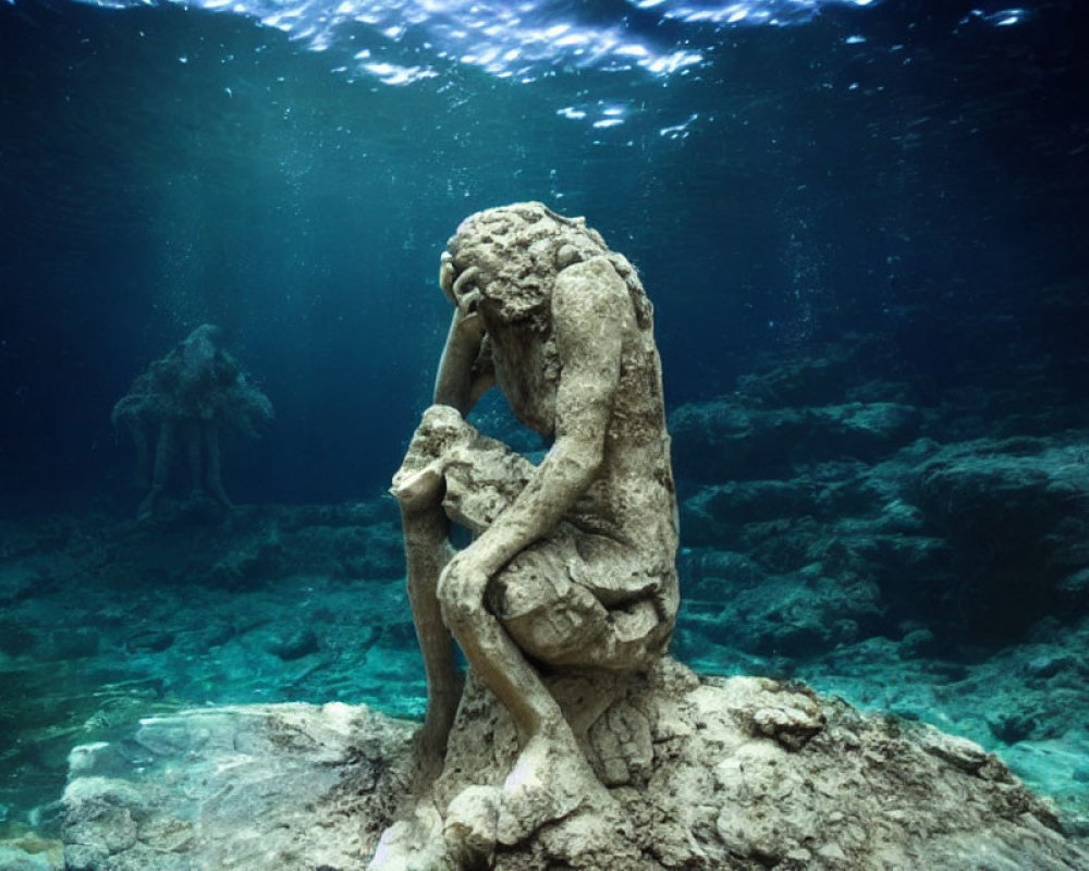 Sunlit underwater sculpture of person in marine ambiance